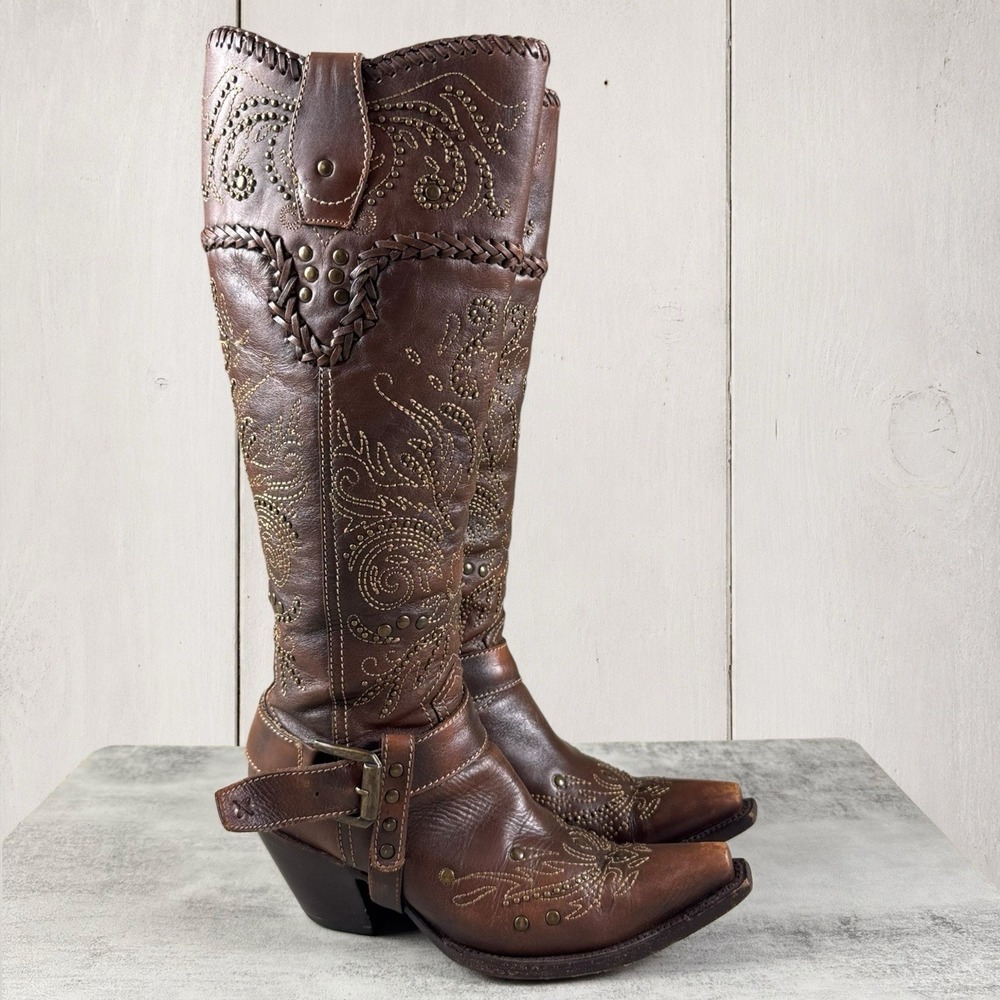 Corral Whip Stitch Brass Stud Leather Womens 7 M Snip Toe Harness Boots G1116